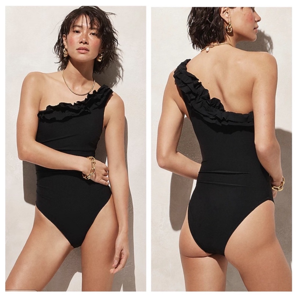 J. CREW Ruffle One Shoulder One Piece Swimsuit Black 12